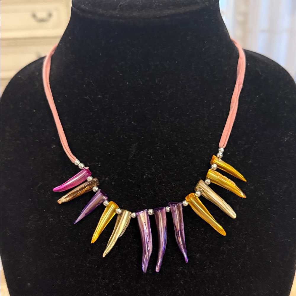 Vintage Pink Leather Multicolor Beaded Pendant Statement Necklace